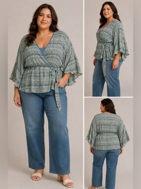 Lane Bryant 26/28 Plus Size Boho Kimono Wrap Top Blue Green Bell Sleeve Belted